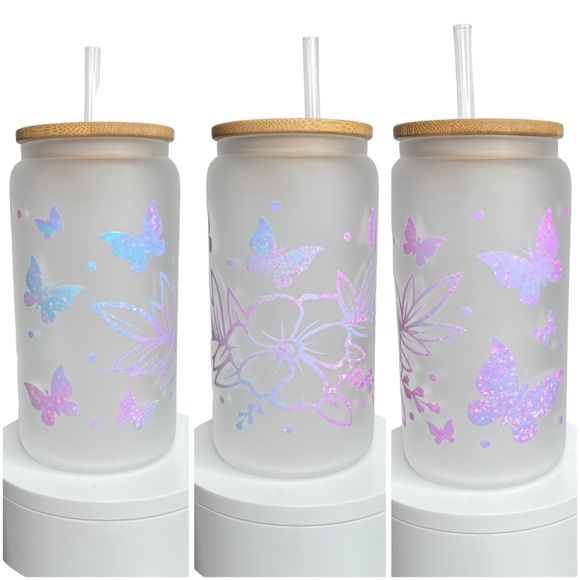 Aeliks Other - Pink Blue Butterfly and flowers Handmade Libbey Glass Cup